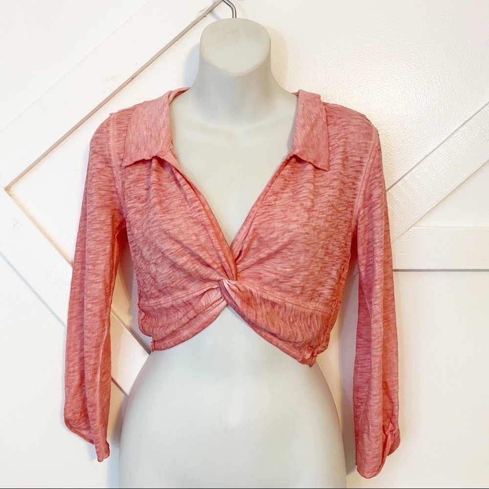 Free People Long Sleeve Cropped Collared V-Neck Twist Front Heathered Top Pink